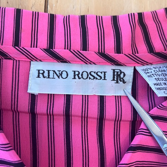 Vintage 80s Rino Rossi Barbie Hot Pink & Black Pinstripe Silk Blouse, Bow Tie - Picture 8 of 10